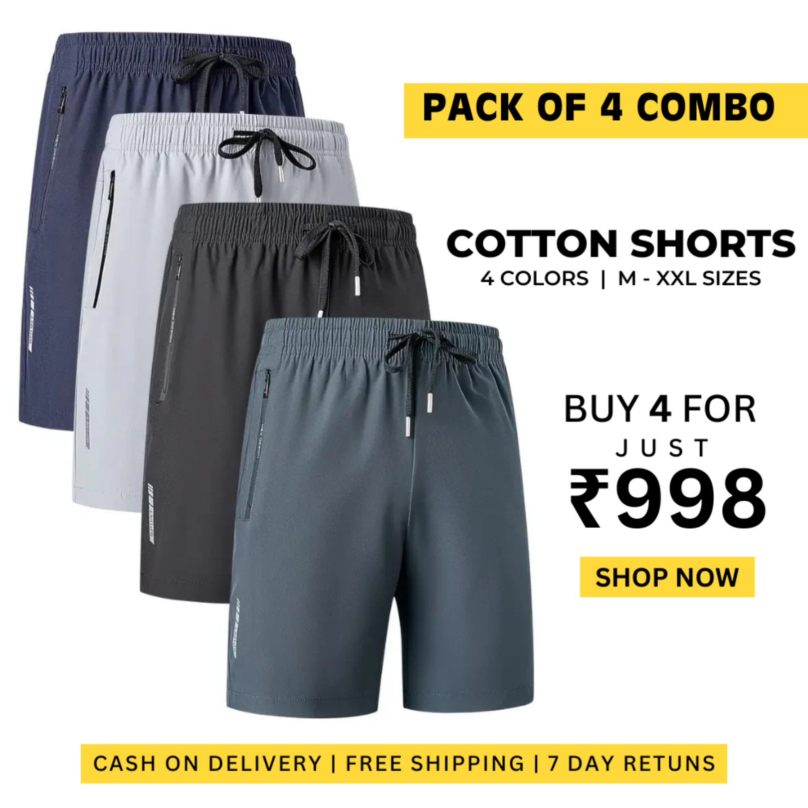 Combo of 4 Men's Stretchable Cotton Shorts for summers ☀️(₹249/piece)